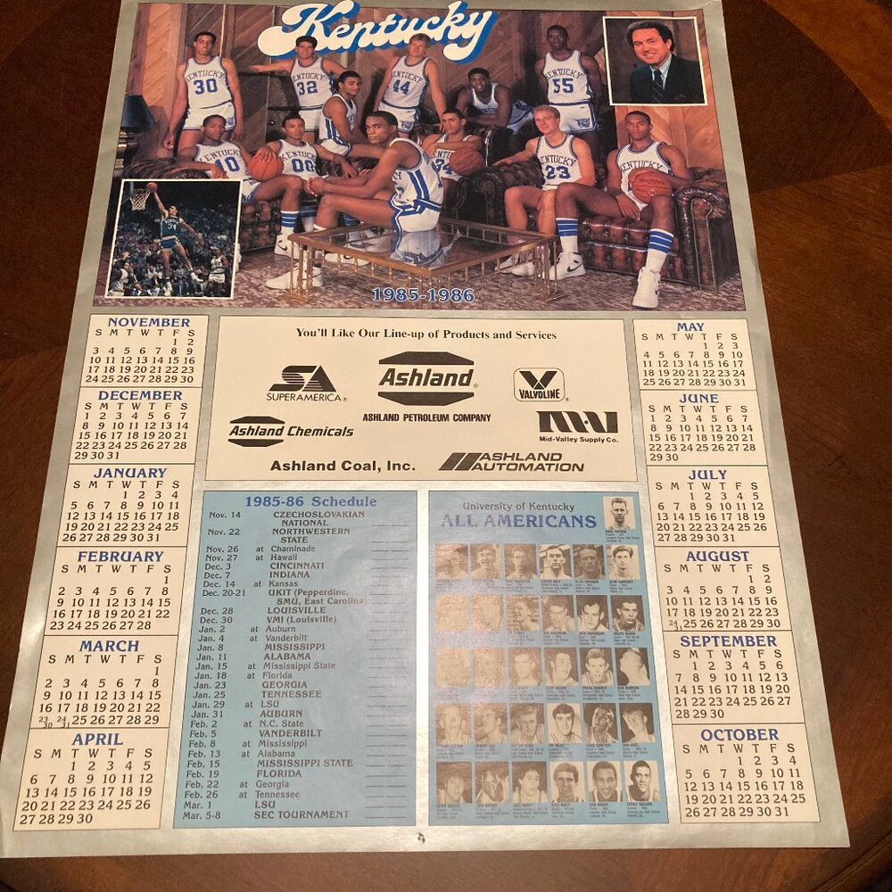Vintage 85-86 University of Kentucky Wildcat Basketball Poster Schedule Calendar